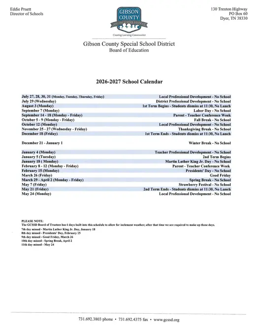 Gibson County Special School District 2026–2027 Academic Calendar Page 1