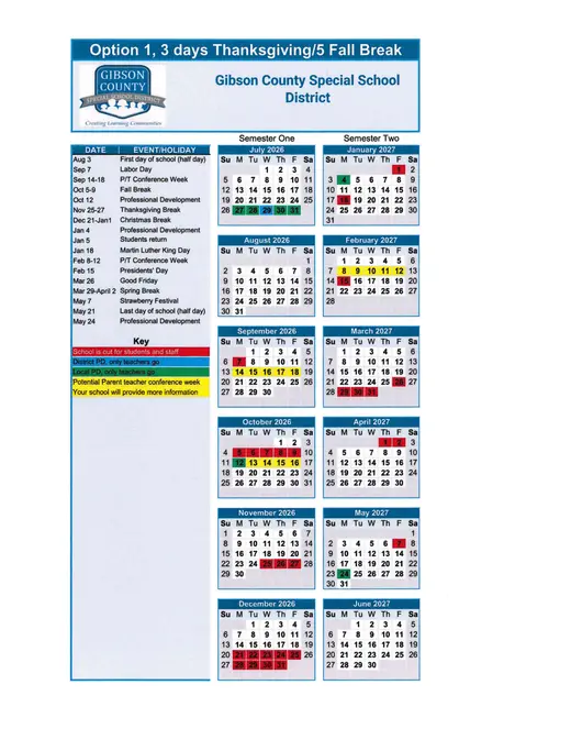 Gibson County Special School District 2026–2027 Academic Calendar Page 2