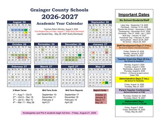 Grainger County Schools 2026–2027 Academic Calendar