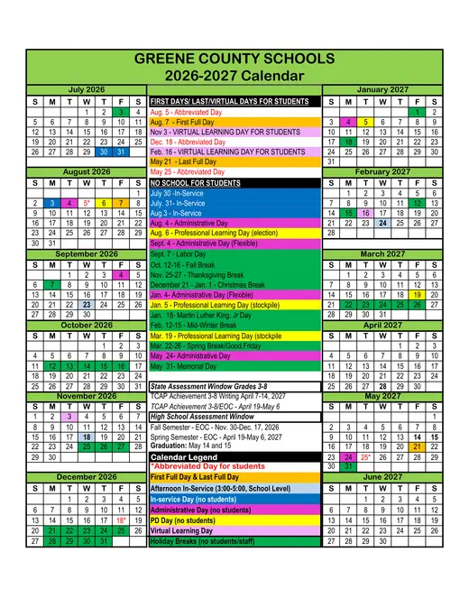 Greene County Schools 2026–2027 Academic Calendar Page 1