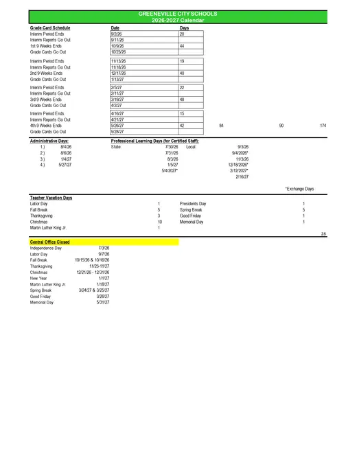 Greeneville City Schools 2026–2027 Academic Calendar Page 2