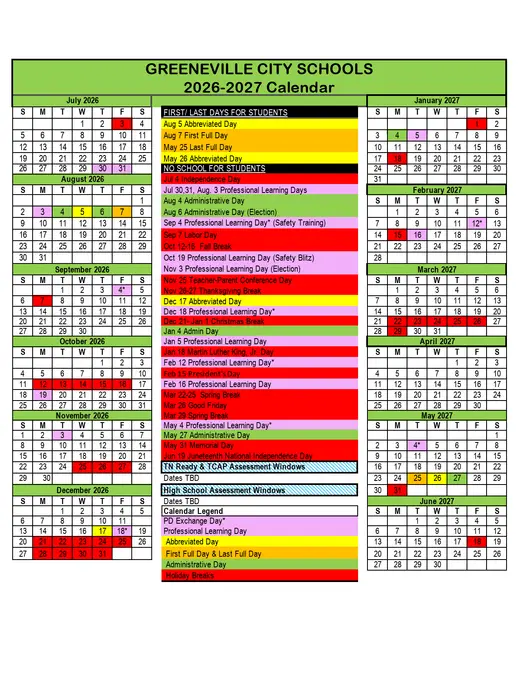 Greeneville City Schools 2026–2027 Academic Calendar Page 1