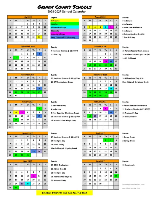 Grundy County Schools 2026–2027 Academic Calendar Page 1