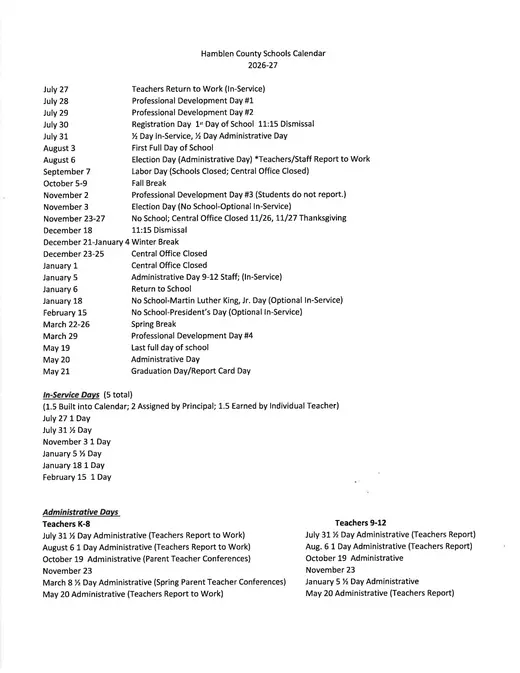 Hamblen County Schools 2026–2027 Academic Calendar Page 3