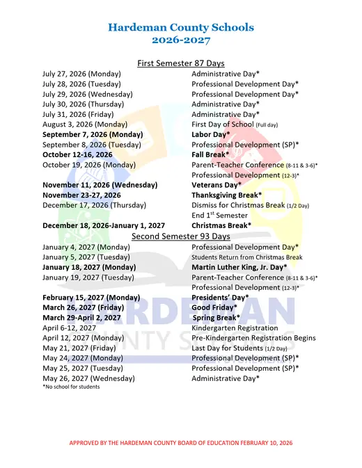 Hardeman County Schools 2026–2027 Academic Calendar Page 1