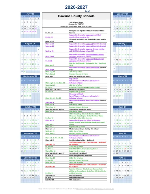 Hawkins County Schools 2026–2027 Academic Calendar Page 1