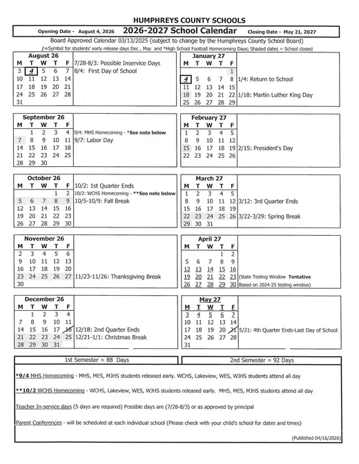 Humphreys County Schools 2026–2027 Academic Calendar