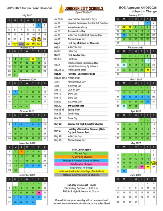 Johnson City Schools 2026–2027 Academic Calendar Page 1