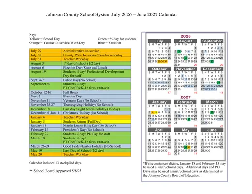 Johnson County School System 2026–2027 Academic Calendar Page 2