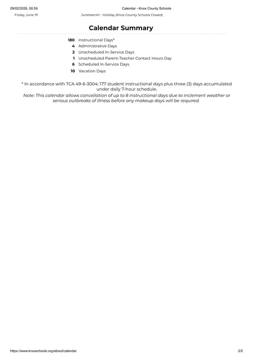 Knox County Schools 2026–2027 Academic Calendar Page 2