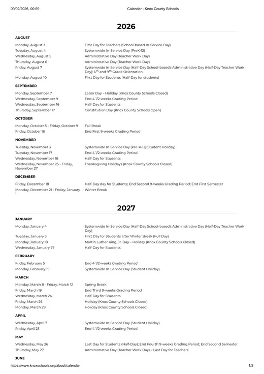 Knox County Schools 2026–2027 Academic Calendar Page 3