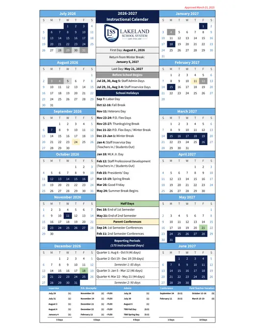 Lakeland School System 2026–2027 Academic Calendar