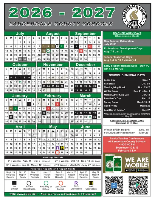 Lauderdale County Schools 2027–2028 Academic Calendar Page 1