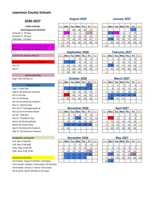 Lawrence County Schools 2026–2027 Academic Calendar Page 1