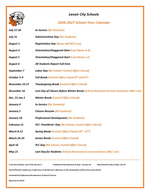Lenoir City Schools 2026–2027 Academic Calendar Page 1