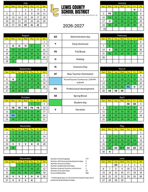 Lewis County School District 2026–2027 Academic Calendar Page 1
