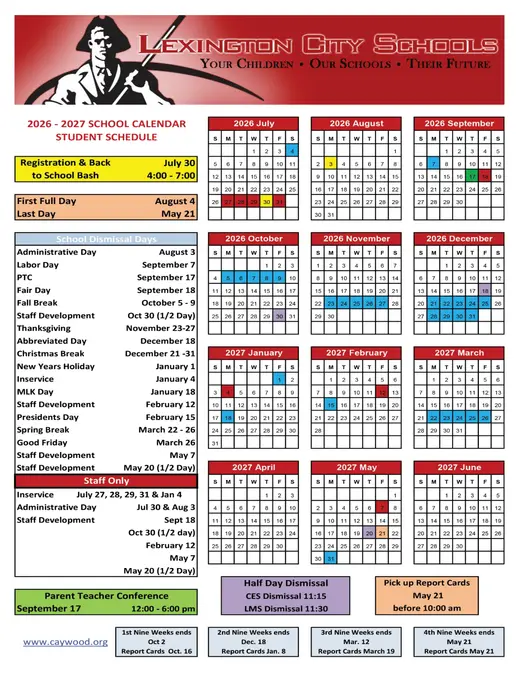 Lexington City Schools 2026–2027 Academic Calendar Page 1