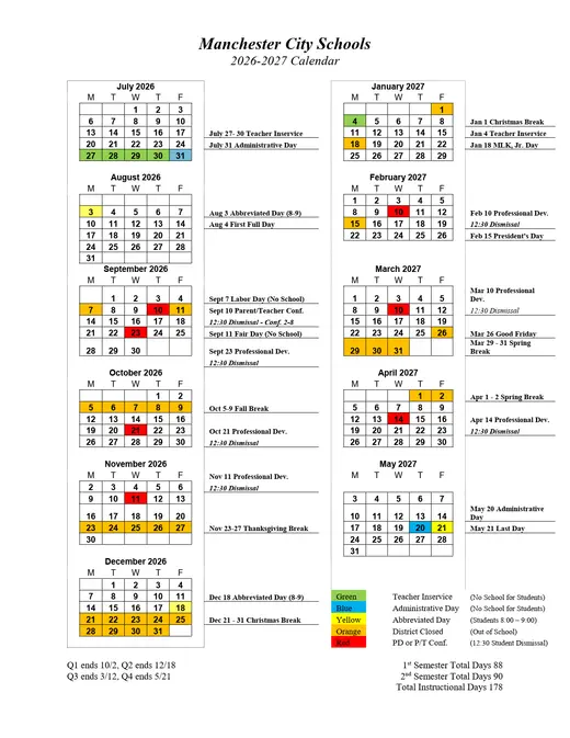 Manchester City Schools 2026–2027 Academic Calendar Page 1