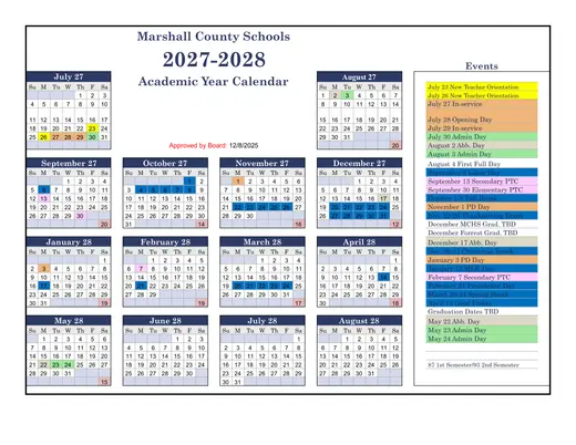 Marshall County Schools 2027–2028 Academic Calendar Page 1
