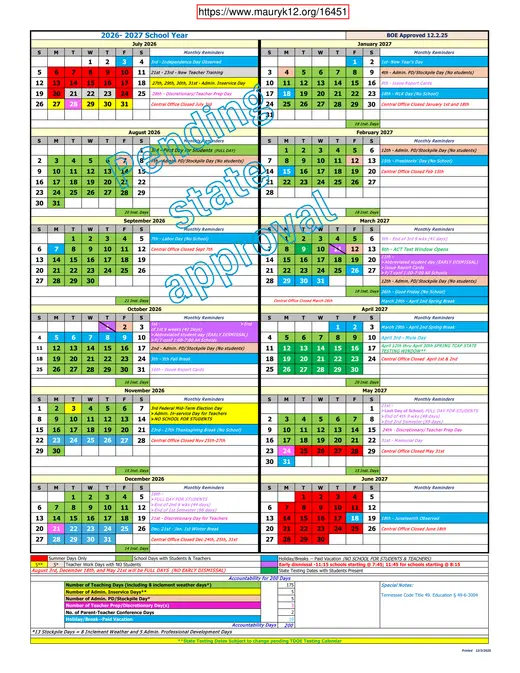 Maury County Public Schools 2026–2027 Academic Calendar Page 3