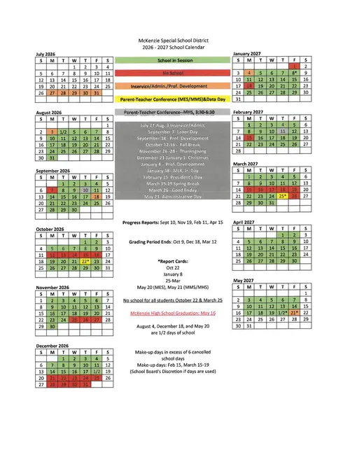 Mckenzie Special School District 2026–2027 Academic Calendar Page 1