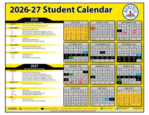 Memphis-Shelby County Schools 2026–2027 Academic Calendar Page 1