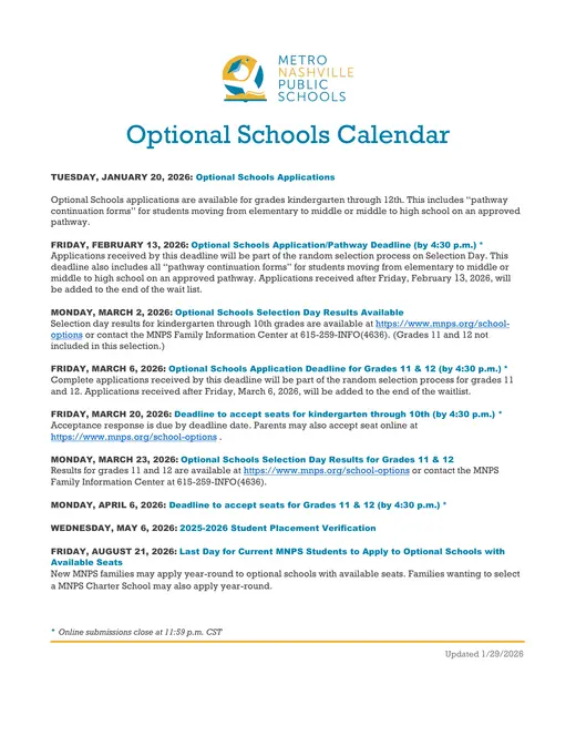 Metro Nashville Public Schools 2025–2026 Academic Calendar Page 1