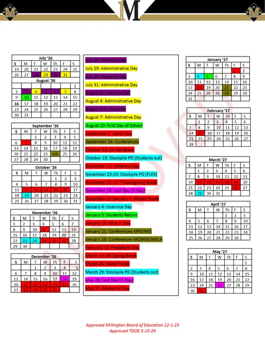 Millington Municipal Schools 2026–2027 Academic Calendar Page 2