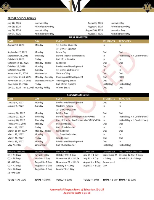 Millington Municipal Schools 2026–2027 Academic Calendar Page 1