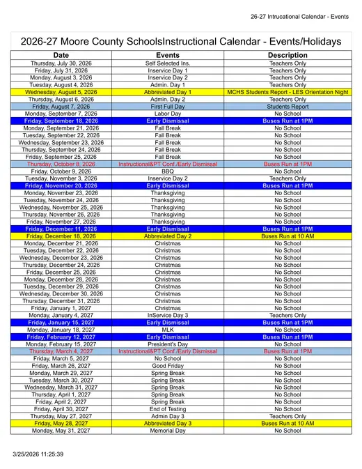 Moore County Schools 2026–2027 Academic Calendar