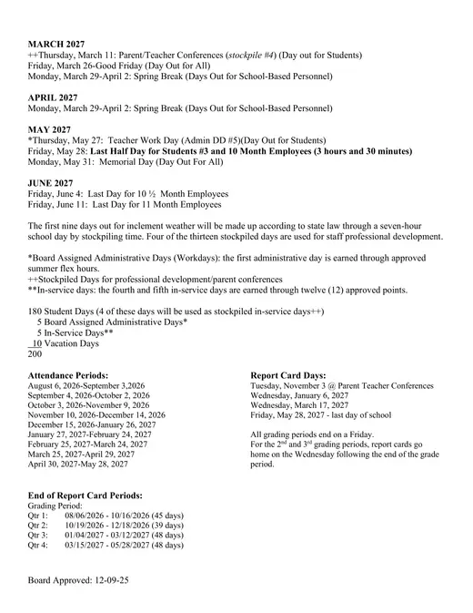 Murfreesboro City Schools 2026–2027 Academic Calendar Page 2