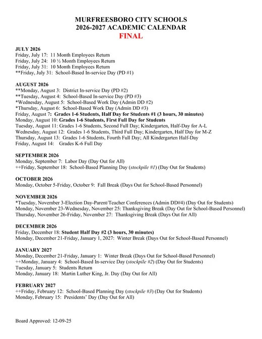 Murfreesboro City Schools 2026–2027 Academic Calendar Page 3