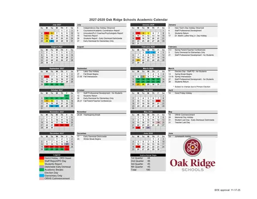 Oak Ridge Schools 2027–2028 Academic Calendar Page 2