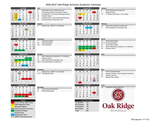 Oak Ridge Schools 2027–2028 Academic Calendar Page 1