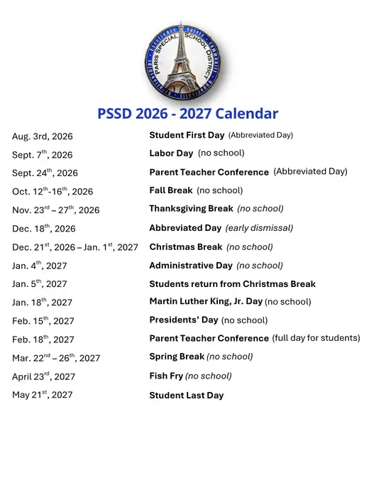 Paris Special School District 2026–2027 Academic Calendar Page 2