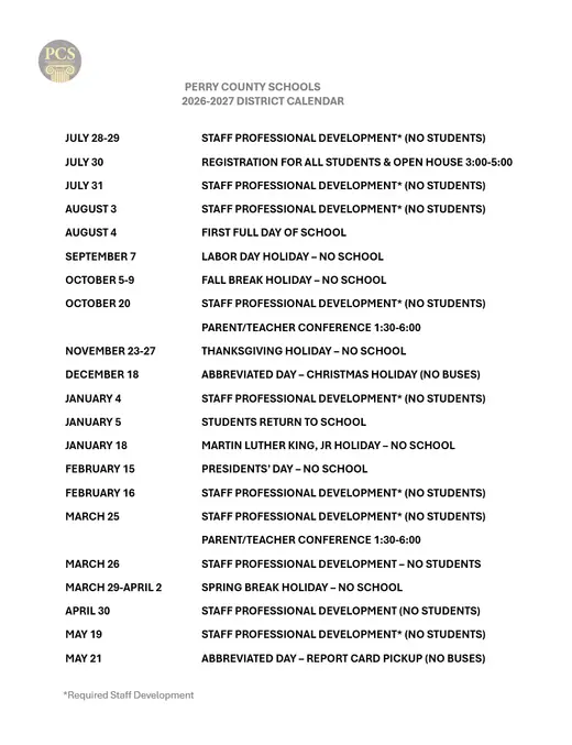 Perry County Schools 2026–2027 Academic Calendar Page 2