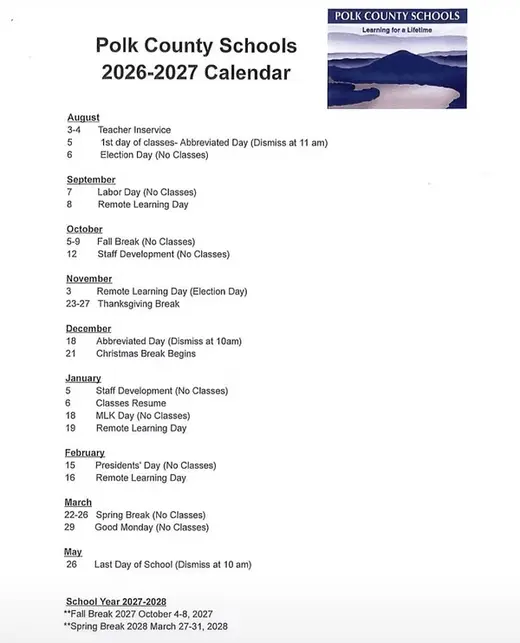 Polk County Schools 2027–2028 Academic Calendar