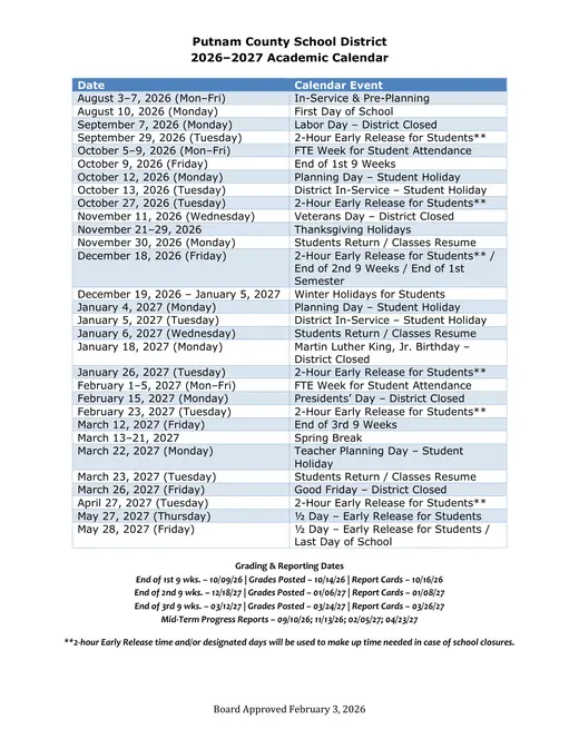 Putnam County School District 2026–2027 Academic Calendar Page 2