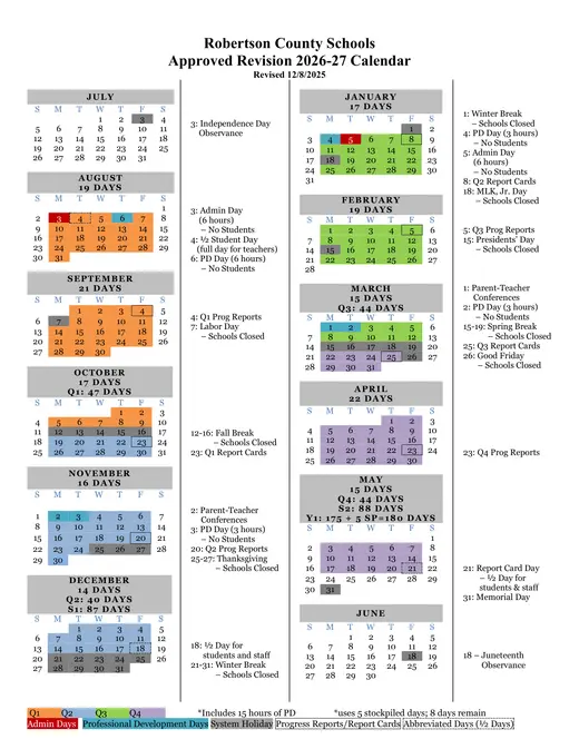 Robertson County Schools 2026–2027 Academic Calendar Page 2