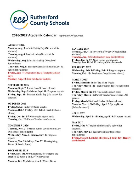 Rutherford County Schools 2026–2027 Academic Calendar Page 1