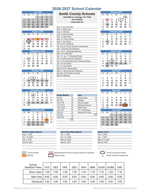 Smith County Schools 2026–2027 Academic Calendar Page 1