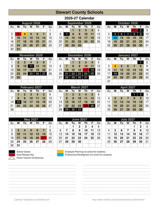 Stewart County Schools 2026–2027 Academic Calendar