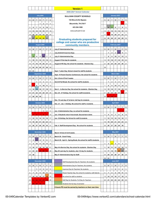 Sullivan County Schools 2026–2027 Academic Calendar Page 1