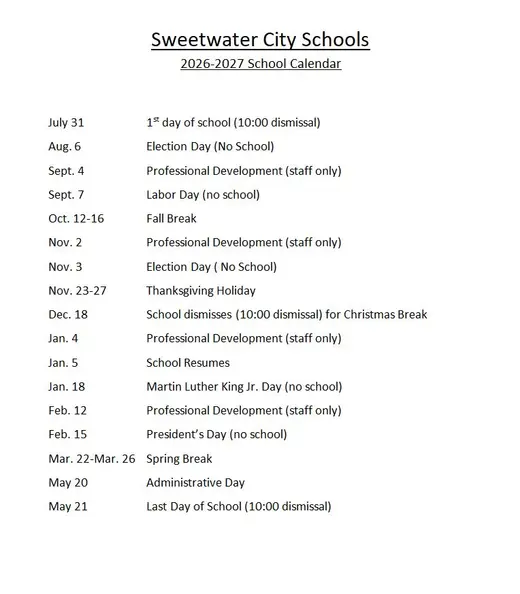 Sweetwater City Schools 2026–2027 Academic Calendar Page 1