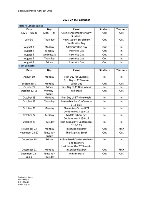 TCS 2026–2027 Academic Calendar Page 1