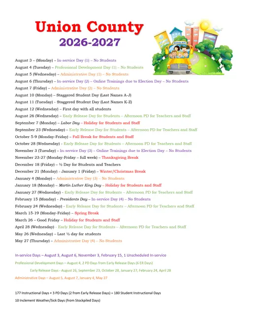 Union County 2026–2027 Academic Calendar Page 1