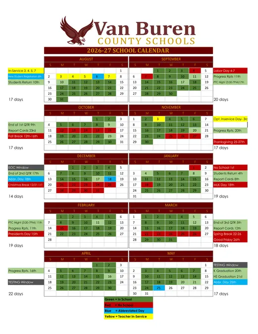 Van Buren County Schools 2026–2027 Academic Calendar Page 1