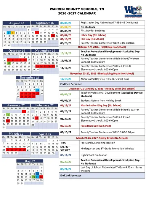 Warren County Schools, TN 2026–2027 Academic Calendar Page 3