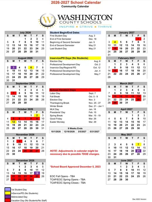 Washington County Schools 2026–2027 Academic Calendar Page 2