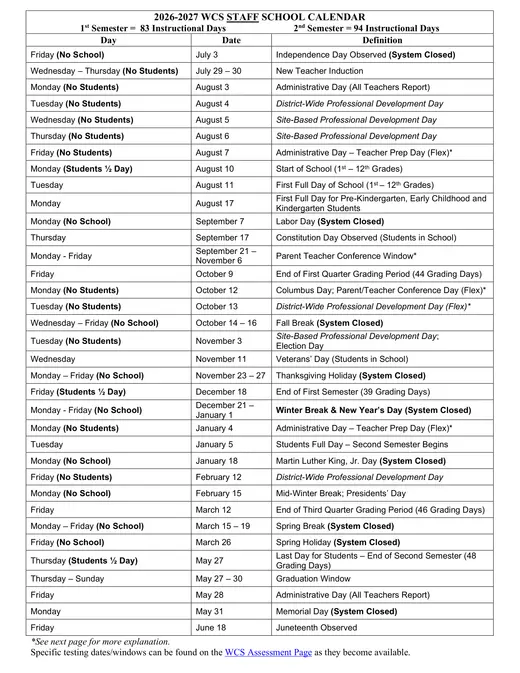 WCS Staff 2026–2027 Academic Calendar Page 1